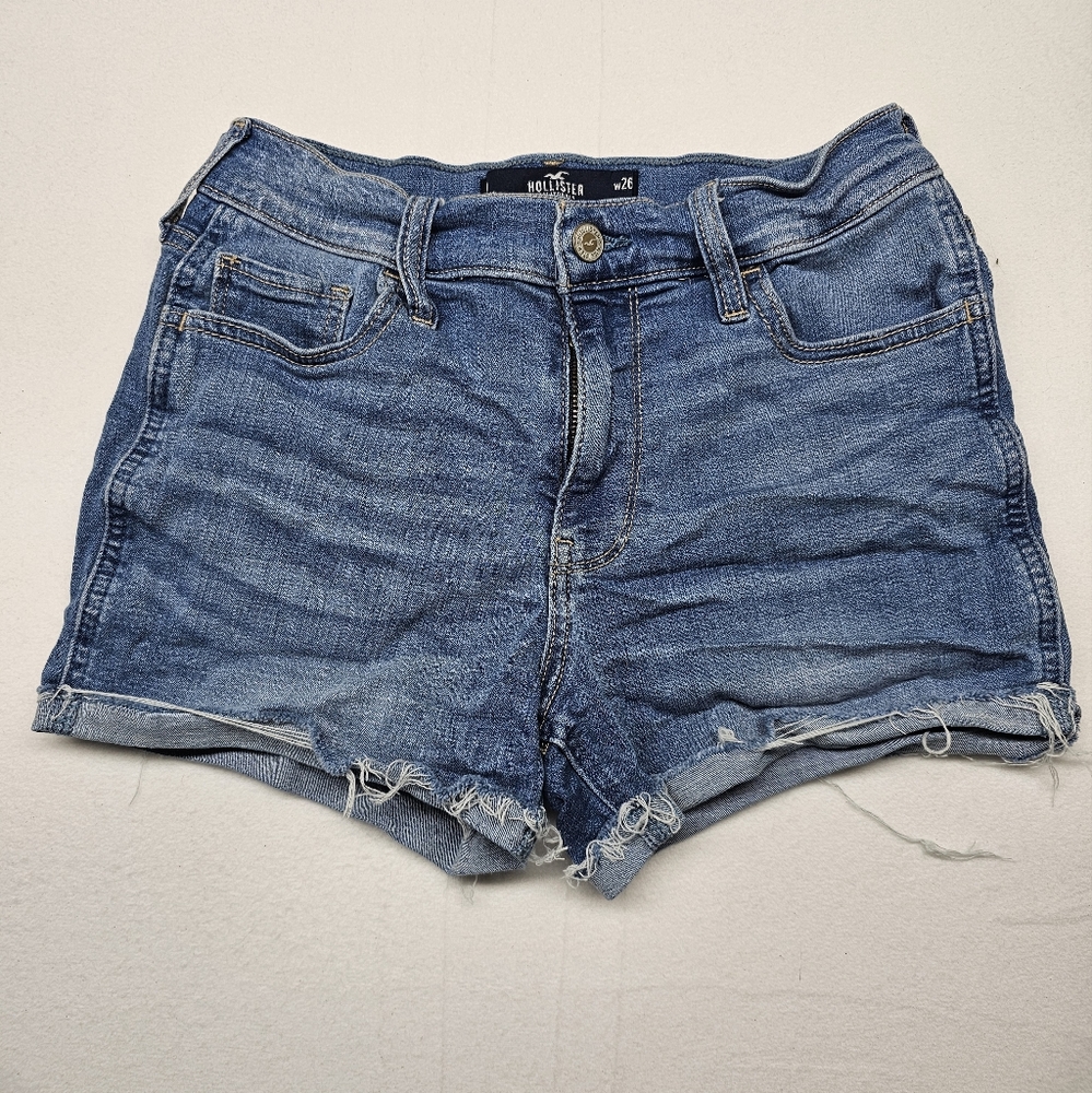 Hollister High Rise Denim Jean Shorts Size 26 Ripped Raw Hem Blue